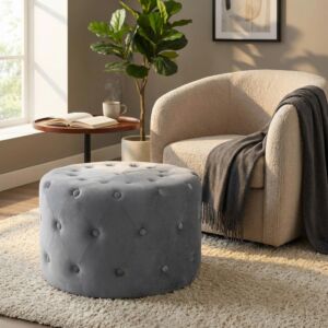 POUF ROTONDO IN VELLUTO GRIGIO SCURO