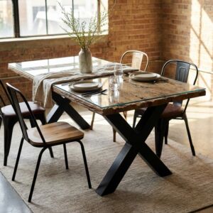 Tavolo da giardino MAVERICK 200 x 100 in vetro e legno ferroviario riciclato – Nero/Marrone