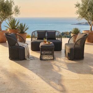 Set lounge da giardino TUCUMÁN con cuscini – divano, 2 poltrone e tavolino