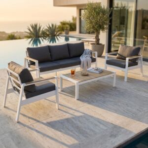 Set da giardino Córdoba con cuscini, 3 posti + poltrona + tavolino - bianco