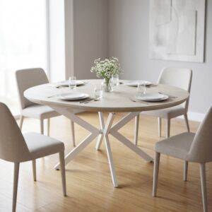 Tavolo rotondo allungabile GARRY bianco effetto legno con struttura bianca 120/160 × 120