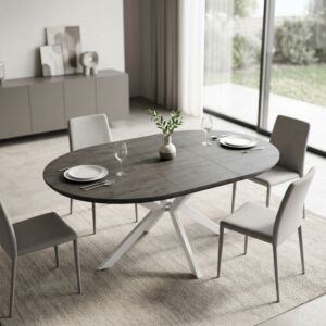 Tavolo rotondo allungabile GARRY antracite effetto legno con struttura bianca 120/160 × 120