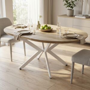 Tavolo rotondo allungabile GARRY naturale nodato con struttura bianca 120/160 × 120