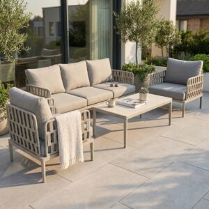 Set da giardino SAINT JOHN 3P con effetto legno e cuscini beige