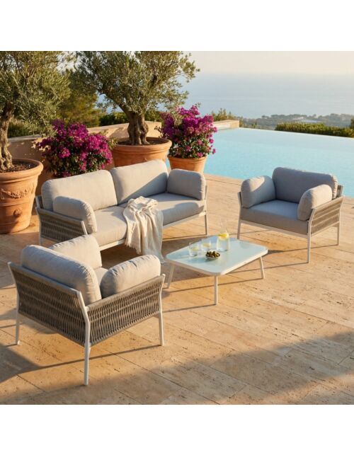 Set lounge da giardino BELÉM 2P con cuscini azzurri – bianco (BIAN)