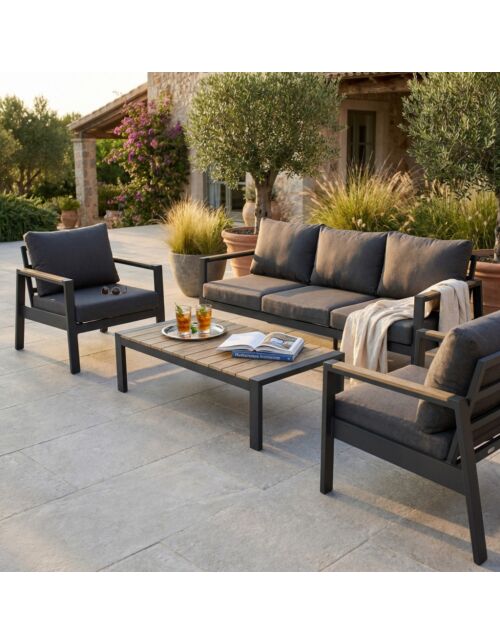 Set da giardino Córdoba con cuscini, 3 posti + poltrona + tavolino - antracite