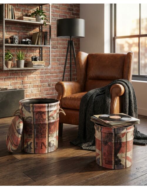 SET DI 2 POUF CONTENITORE TONDO PANNA E ROSSO