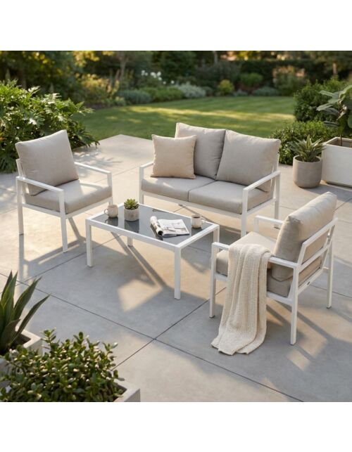 Set da giardino Rosario con cuscini, divano + poltrone + tavolino