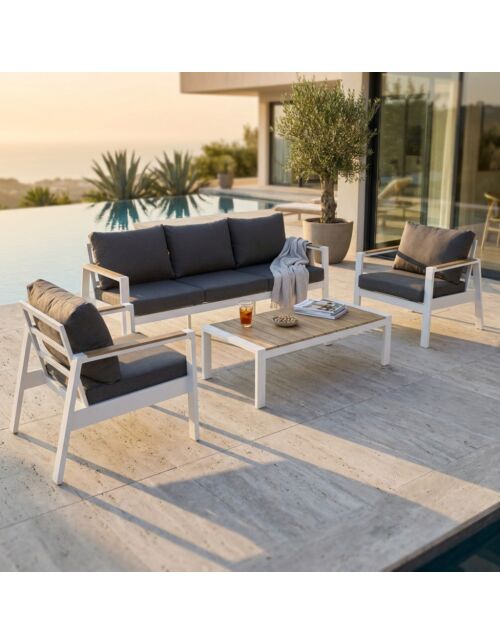 Set da giardino Córdoba con cuscini, 3 posti + poltrona + tavolino - bianco