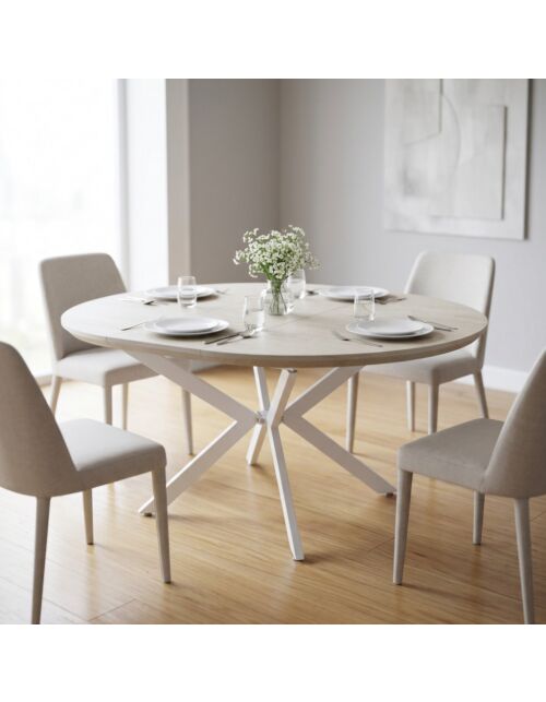 Tavolo rotondo allungabile GARRY bianco effetto legno con struttura bianca 120/160 × 120