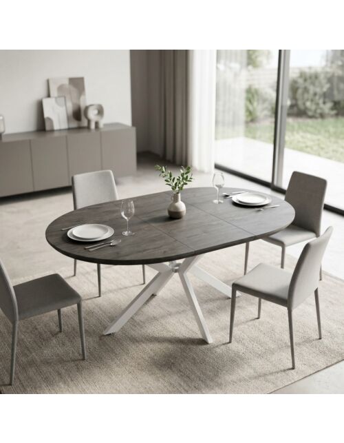 Tavolo rotondo allungabile GARRY antracite effetto legno con struttura bianca 120/160 × 120