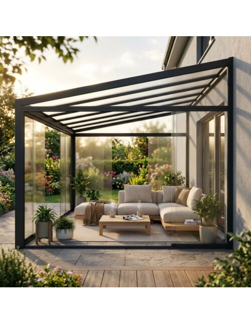 Parete laterale in vetro per pergola bioclimatica addossata - grigio scuro