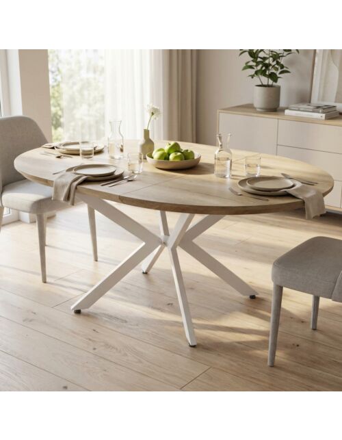 Tavolo rotondo allungabile GARRY naturale nodato con struttura bianca 120/160 × 120