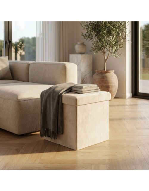 POUF CONTENITORE QUADRATO IN VELLUTO BEIGE