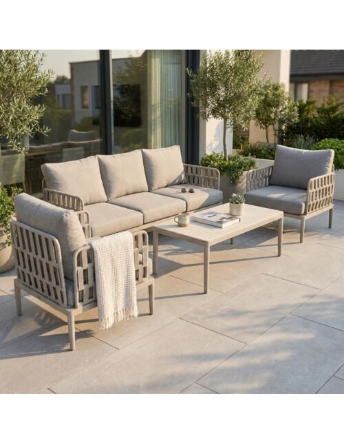Set da giardino SAINT JOHN 3P con effetto legno e cuscini beige