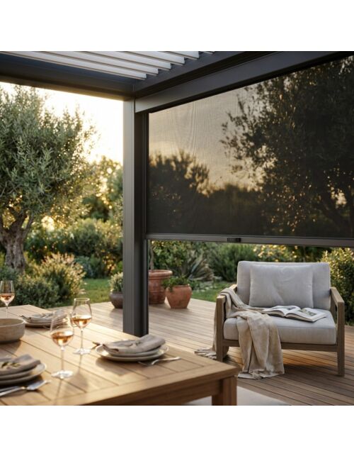 Tenda laterale manuale in tessuto con zanzariera per pergola bioclimatica – lato 3 m – antracite