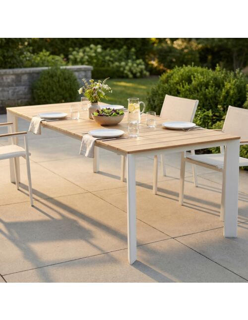 Tavolo da giardino allungabile TULCÁN 210/275 × 100 – teak, struttura bianca