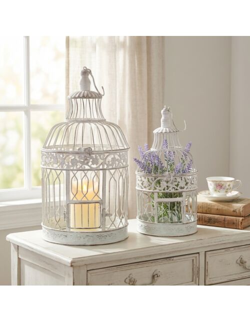 Set 2 gabbie decorative rotonde CLAIRE bianco anticato 