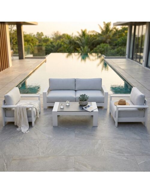 Set lounge da giardino BOA VISTA con cuscini – divano, 2 poltrone e tavolino