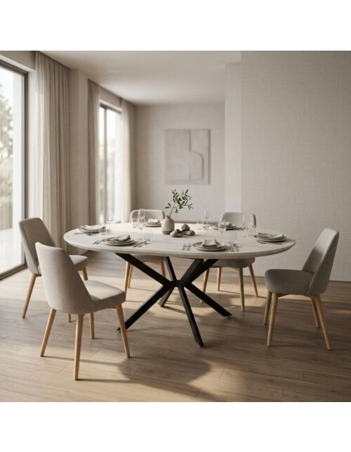 Tavolo rotondo allungabile GARRY bianco effetto legno con struttura nera 120/160 × 120