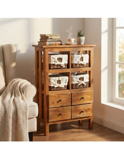 Cassettiera WARWICK con cassetti in legno e cestini in rattan