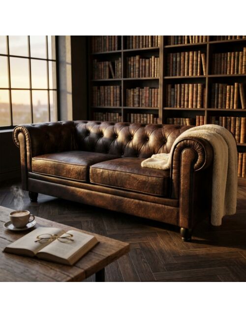 DIVANO 3 POSTI CHESTERFIELD IN ECOPELLE VINTAGE MARRONE