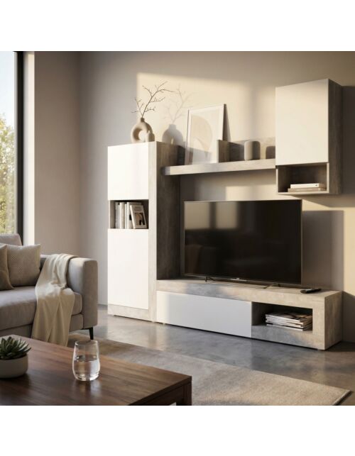 PARETE SOGGIORNO ROOMY BIANCO E GRIGIO EFFETTO CEMENTO